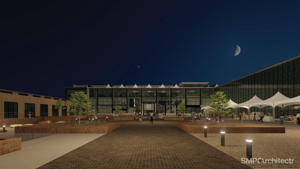 Digital mockup of a nighttime view of a modern building with large glass windows and a moonlit sky.