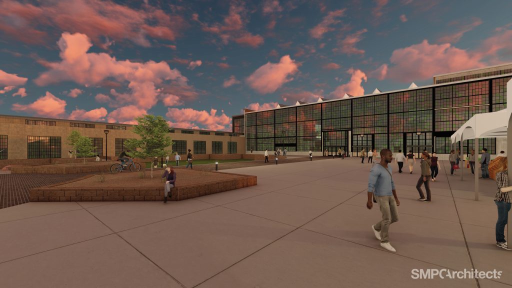 Digital mockup of people walking and gathering in a spacious plaza with modern buildings at sunset.