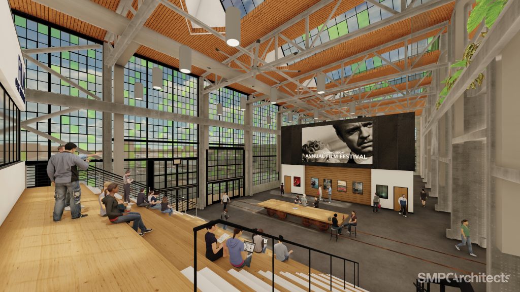 Digital mockup of a building with people casually sitting on large stairs in a relaxed atmosphere.