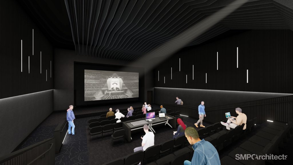Digital mockup of a modern screening room with busy people around, sitting and working on laptops.