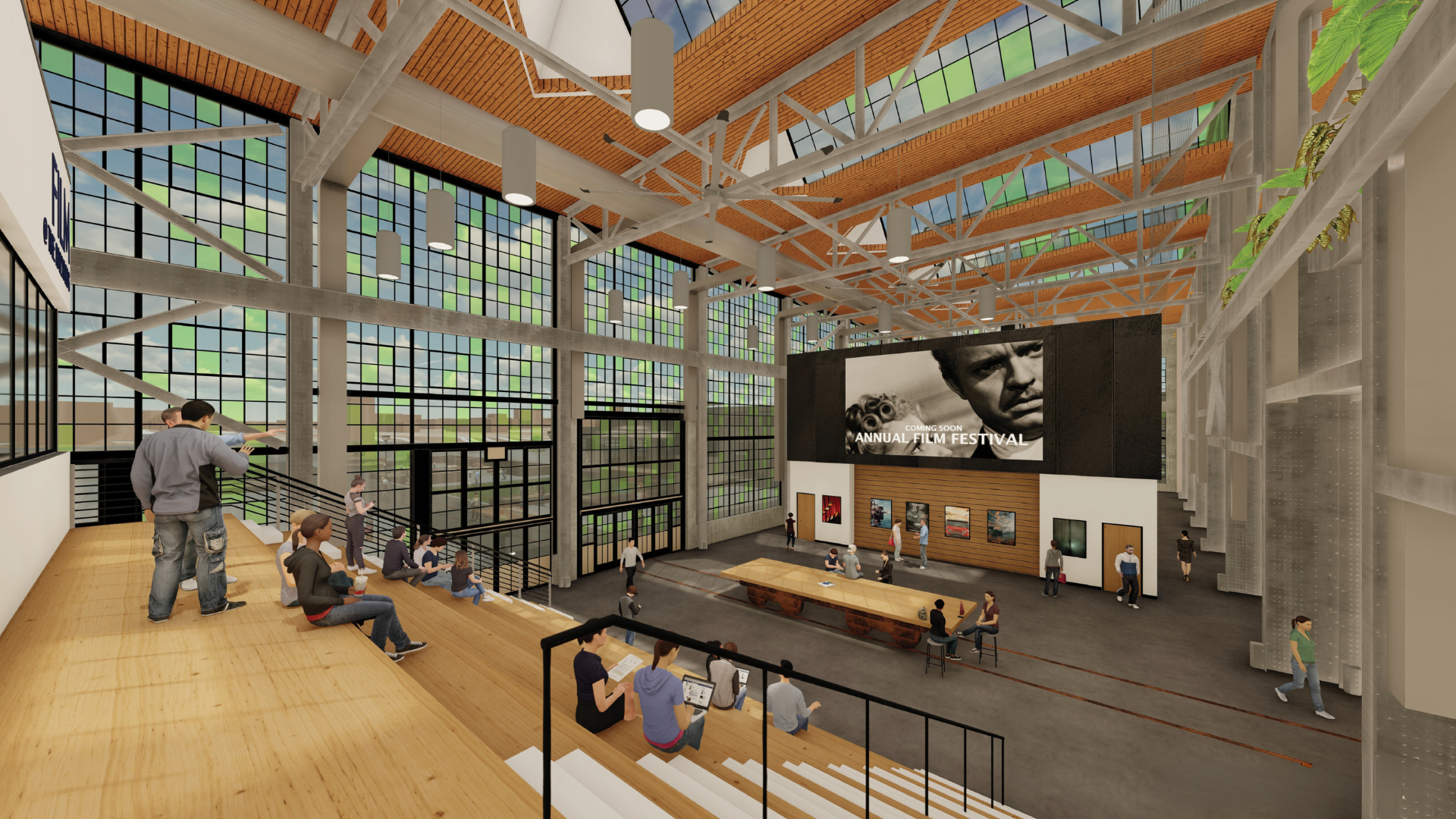 Digital mockup of a building with people casually sitting on large stairs in a relaxed atmosphere.